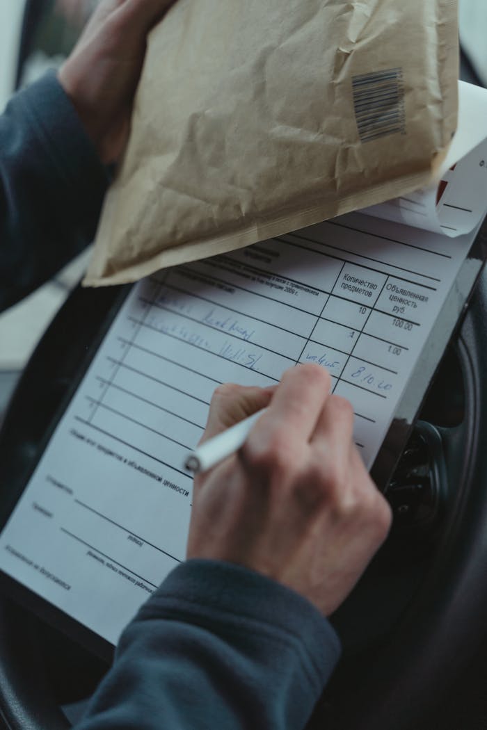 journey Close-up of a courier signing a package delivery form on a clipboard inside a vehicle.
